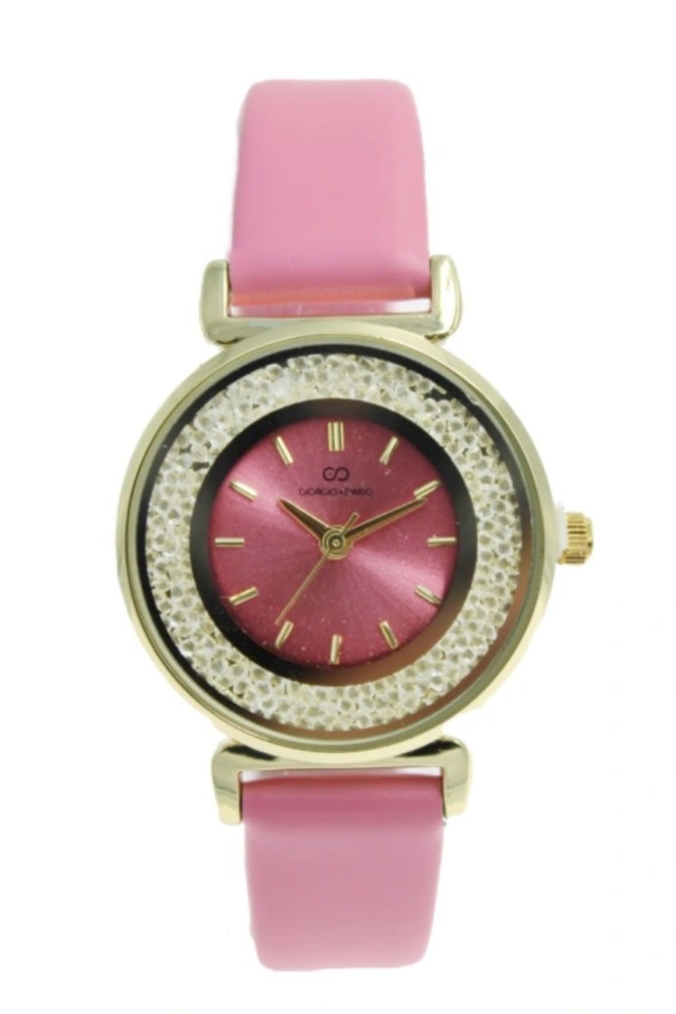 Montre dorée ronde cristaux bracelet cuir rose